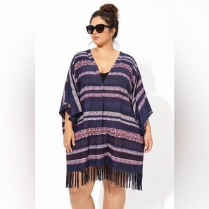 Navy and Pink Striped Fringe V-Neck Coverup Lighweight